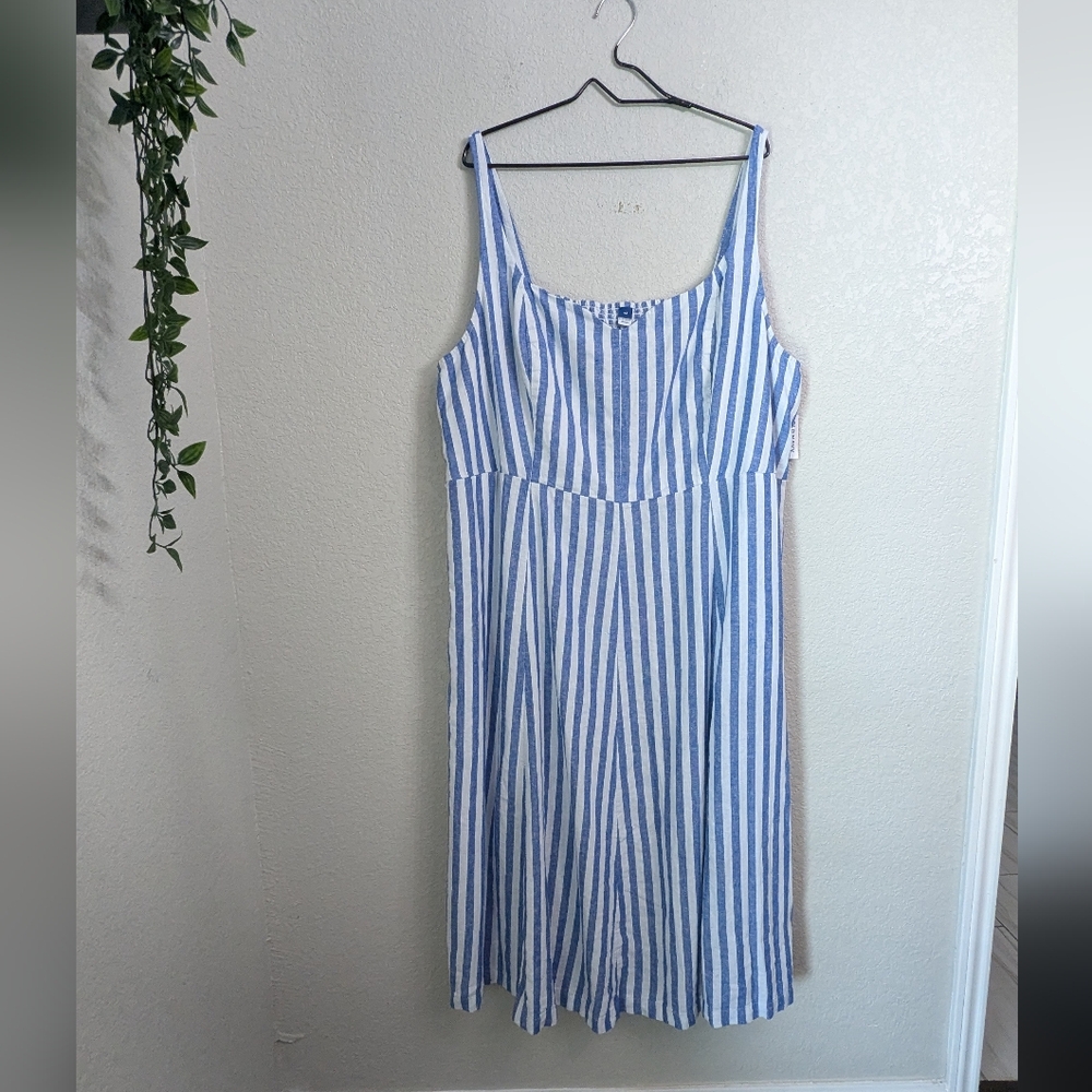 NWT Old Navy Linen Blend Blue White Striped Fit & Flare Midi Dress Sleeveless 4X